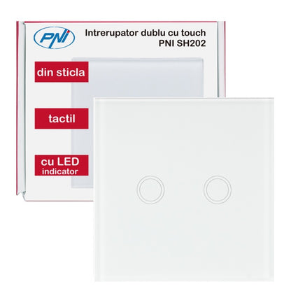 Intrerupator dublu cu touch PNI SH202 din sticla, alb cu LED indicator