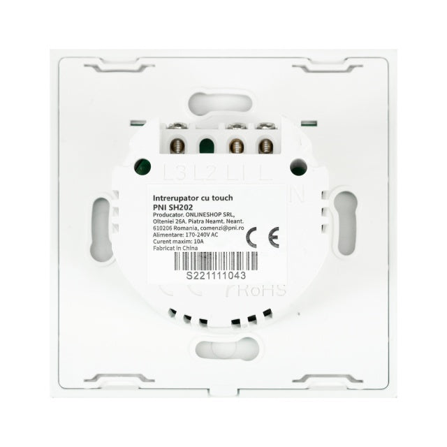 Intrerupator dublu cu touch PNI SH202 din sticla, alb cu LED indicator