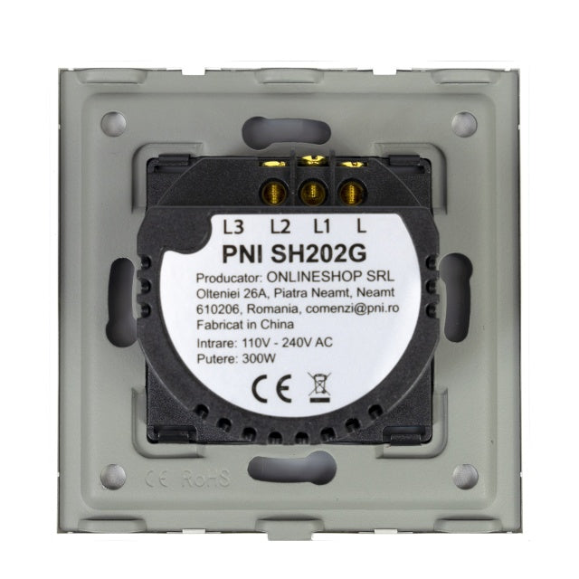 Intrerupator dublu cu touch PNI SH202G din sticla, gold cu LED indicator, culoare auriu