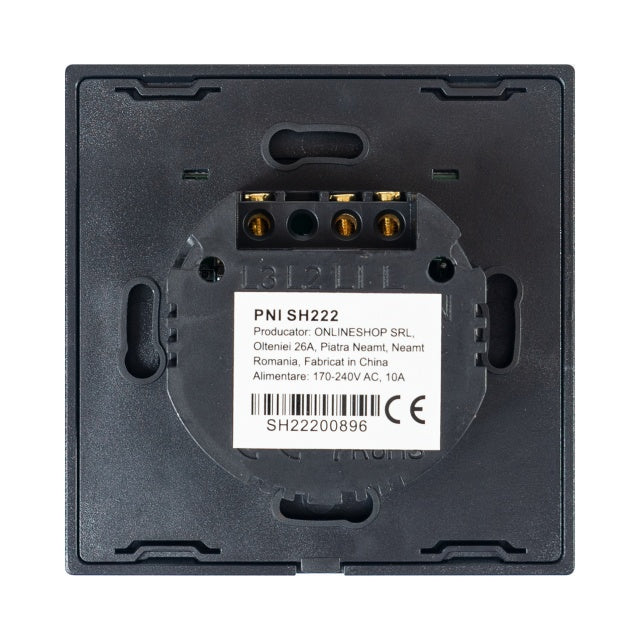 Intrerupator dublu cu touch PNI SH222 din sticla, negru cu LED indicator, 10A, 2X200W