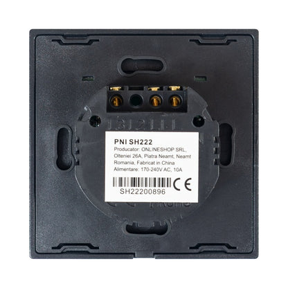 Intrerupator dublu cu touch PNI SH222 din sticla, negru cu LED indicator, 10A, 2X200W