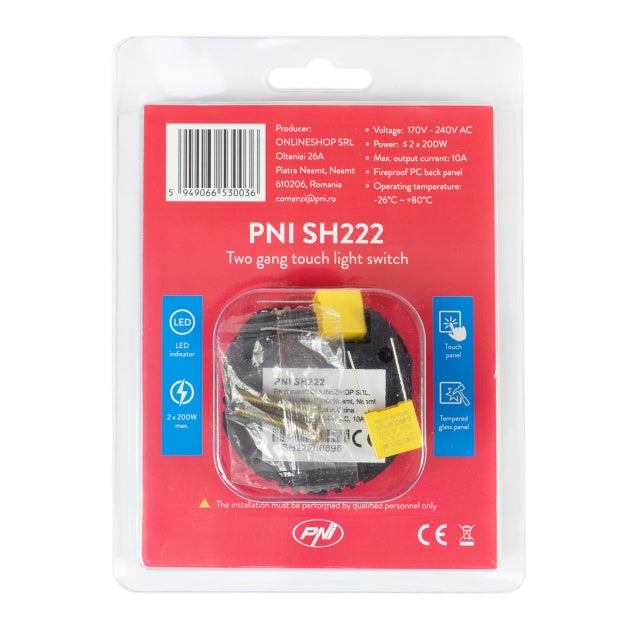 Intrerupator dublu cu touch PNI SH222 din sticla, negru cu LED indicator, 10A, 2X200W