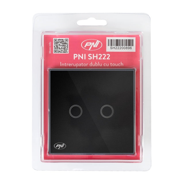 Intrerupator dublu cu touch PNI SH222 din sticla, negru cu LED indicator, 10A, 2X200W
