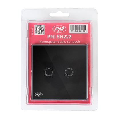 Intrerupator dublu cu touch PNI SH222 din sticla, negru cu LED indicator, 10A, 2X200W