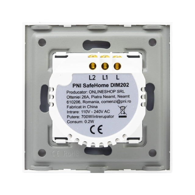 Intrerupator dublu cu touch si dimmer PNI SafeHome DIM202, 2X700W, Live Wire, fara nul, sticla