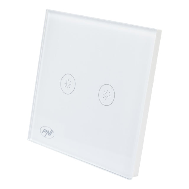 Intrerupator dublu cu touch si dimmer PNI SafeHome DIM202, 2X700W, Live Wire, fara nul, sticla
