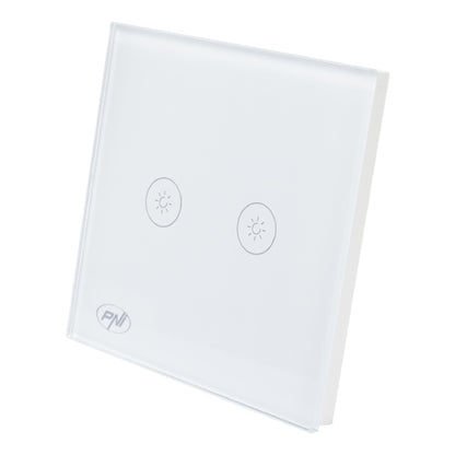 Intrerupator dublu cu touch si dimmer PNI SafeHome DIM202, 2X700W, Live Wire, fara nul, sticla