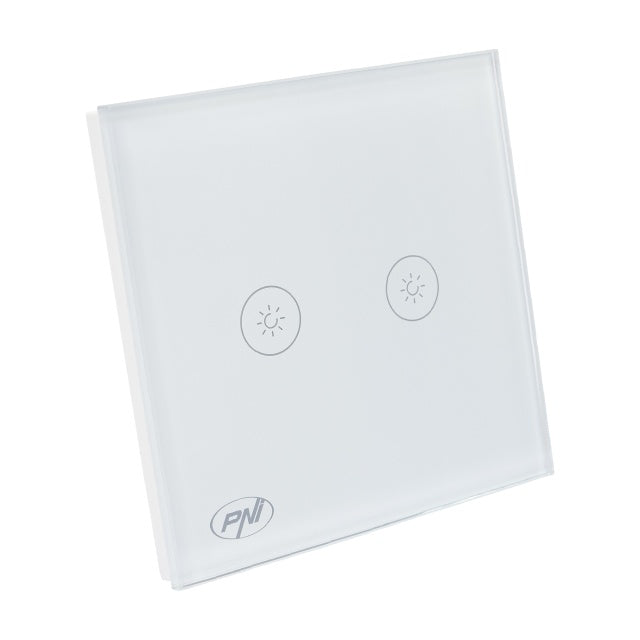 Intrerupator dublu cu touch si dimmer PNI SafeHome DIM202, 2X700W, Live Wire, fara nul, sticla