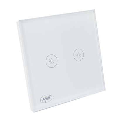 Intrerupator dublu cu touch si dimmer PNI SafeHome DIM202, 2X700W, Live Wire, fara nul, sticla