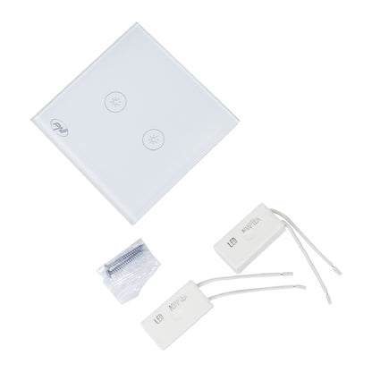 Intrerupator dublu cu touch si dimmer PNI SafeHome DIM202, 2X700W, Live Wire, fara nul, sticla