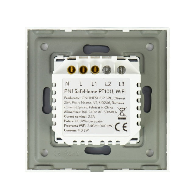 Intrerupator inteligent cu touch PNI SafeHome PT101L WiFi, 600W, control prin aplicatia Tuya Smart, compatibil cu Alexa si Google Assistant - Live Wire, fara nul