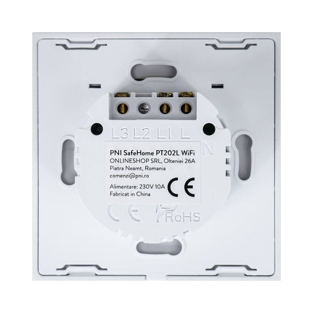 Intrerupator inteligent cu touch PNI SafeHome PT202L WiFi, 10A, control prin aplicatia Tuya Smart, compatibil cu Alexa si Google Assistant - Live Wire, fara nul