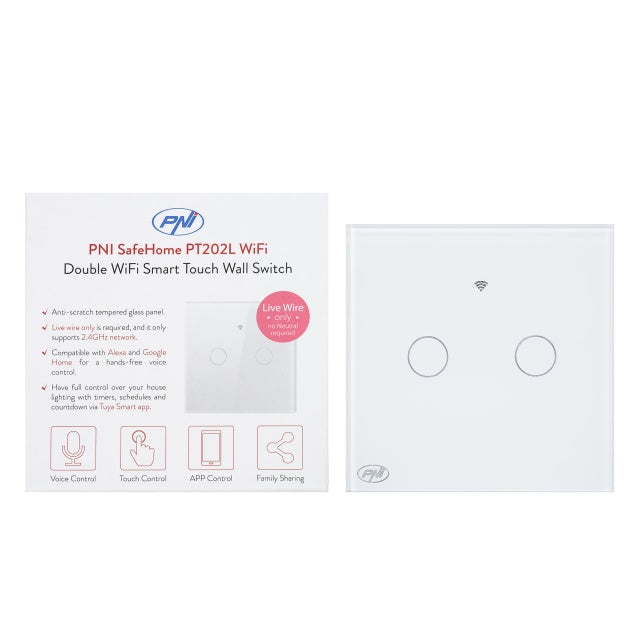 Intrerupator inteligent cu touch PNI SafeHome PT202L WiFi, 10A, control prin aplicatia Tuya Smart, compatibil cu Alexa si Google Assistant - Live Wire, fara nul