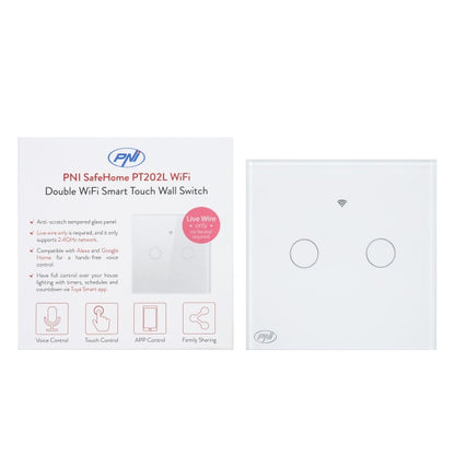 Intrerupator inteligent cu touch PNI SafeHome PT202L WiFi, 10A, control prin aplicatia Tuya Smart, compatibil cu Alexa si Google Assistant - Live Wire, fara nul