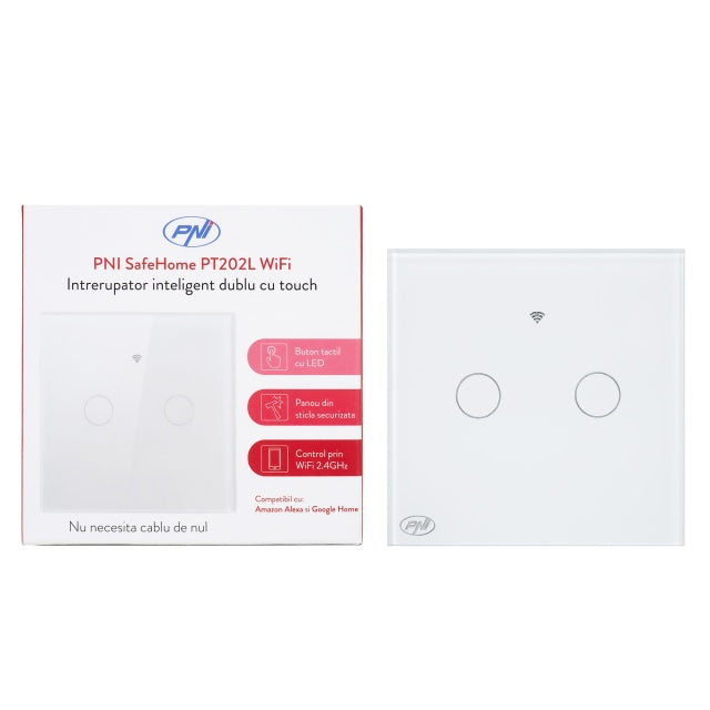 Intrerupator inteligent cu touch PNI SafeHome PT202L WiFi, 10A, control prin aplicatia Tuya Smart, compatibil cu Alexa si Google Assistant - Live Wire, fara nul