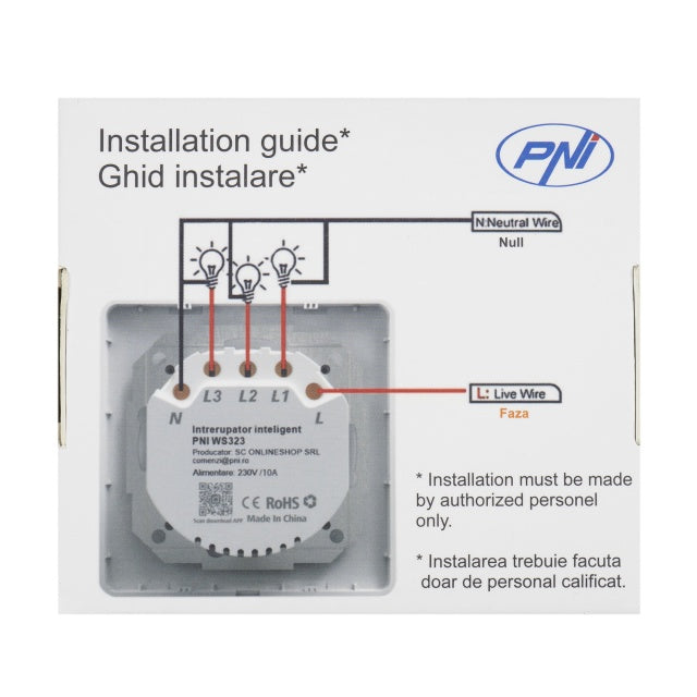 Intrerupator inteligent triplu PNI SmartHome WS323 pentru control lumini prin internet compatibil cu APP TuyaSmart