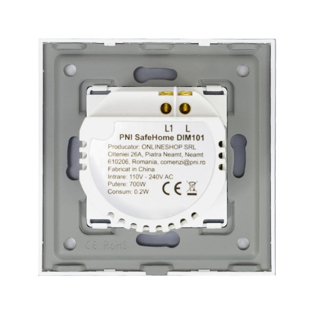 Intrerupator simplu cu touch si dimmer PNI SafeHome DIM101, 1X700W, Live Wire, fara nul, sticla dimabil