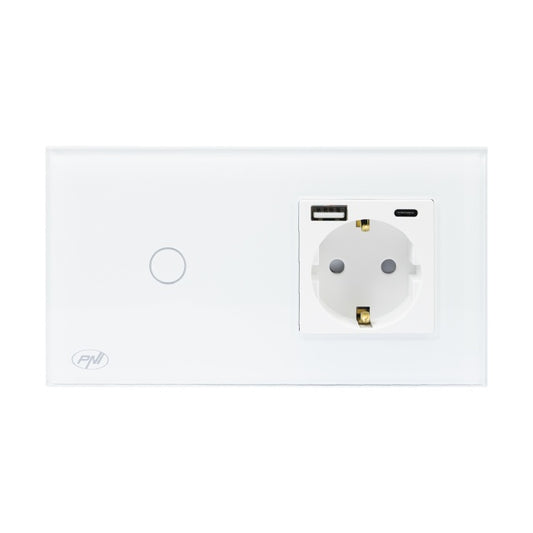 Intrerupator simplu PNI SH115W din sticla cu touch, combinat cu priza Schuko si mufe USB