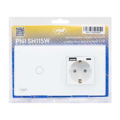Intrerupator simplu PNI SH115W din sticla cu touch, combinat cu priza Schuko si mufe USB