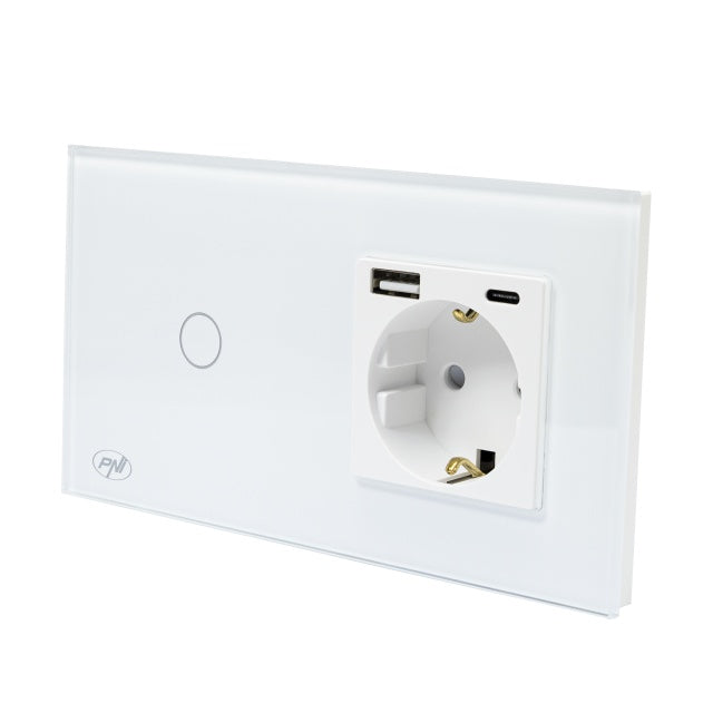 Intrerupator simplu PNI SH115W din sticla cu touch, combinat cu priza Schuko si mufe USB
