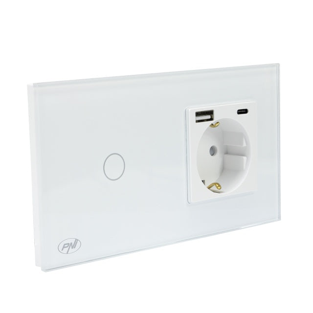 Intrerupator simplu PNI SH115W din sticla cu touch, combinat cu priza Schuko si mufe USB