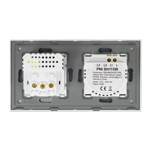 Intrerupator simplu PNI SH115W din sticla cu touch, combinat cu priza Schuko si mufe USB