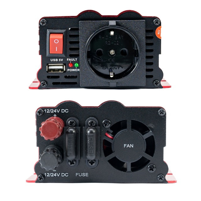 Invertor de tensiune PNI L650W alimentare duala 12V/24V, iesire 230V, 500W, sinus modificat, mufa USB 5V 500mAh, cu clesti alimentare si mufa de bricheta inclusa