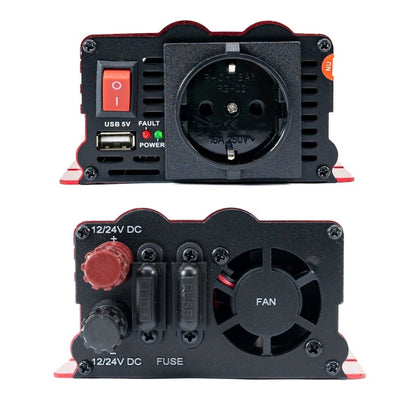 Invertor de tensiune PNI L650W alimentare duala 12V/24V, iesire 230V, 500W, sinus modificat, mufa USB 5V 500mAh, cu clesti alimentare si mufa de bricheta inclusa