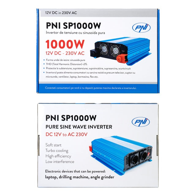 Invertor de tensiune PNI SP1000W cu sinusoida pura, alimentare 12V