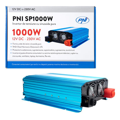 Invertor de tensiune PNI SP1000W cu sinusoida pura, alimentare 12V