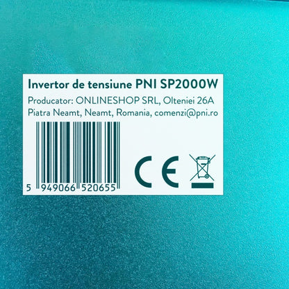 Invertor de tensiune PNI SP2000W cu sinusoida pura, intrare 12V DC, iesire 230V AC, putere 2000W