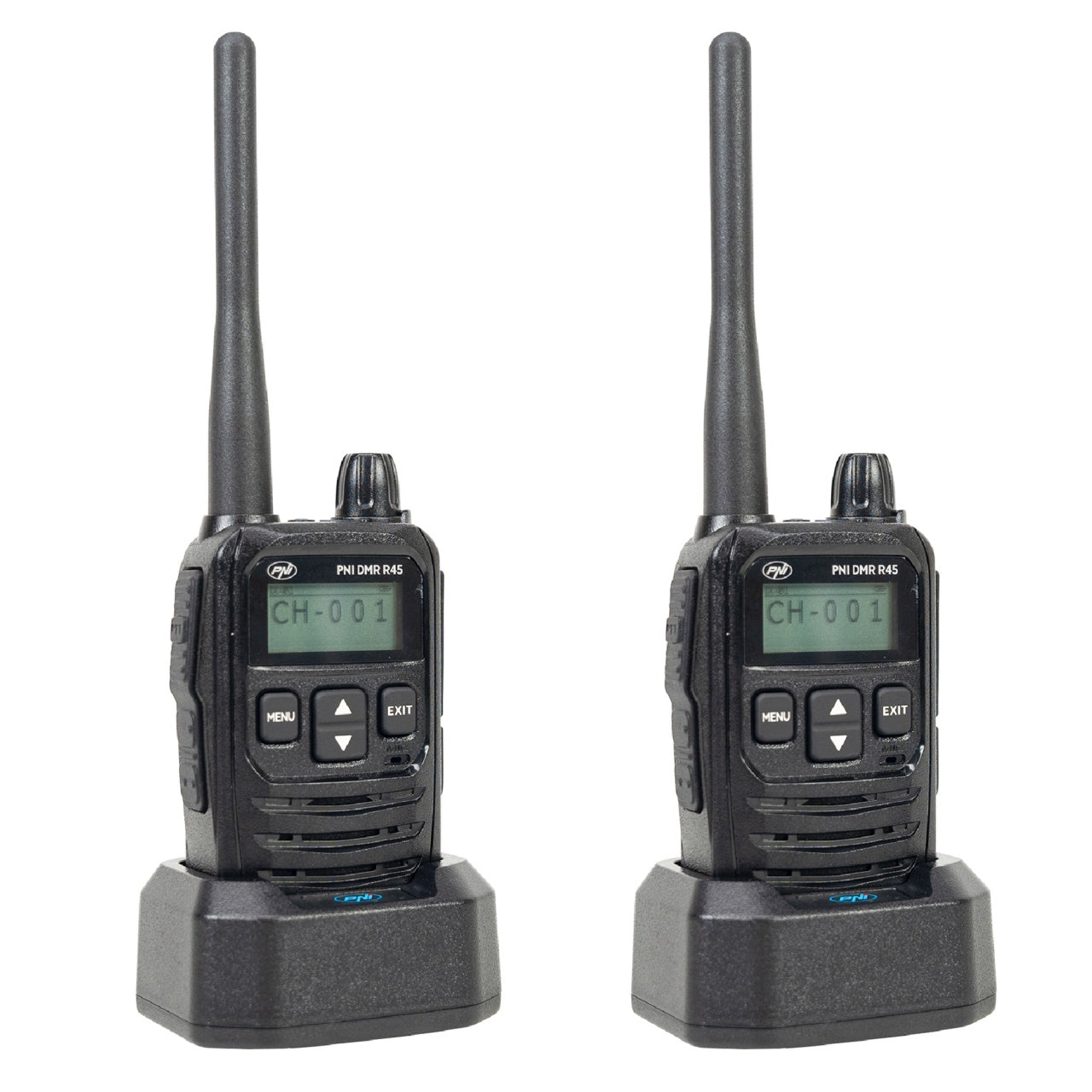 Kit 2 statii radio portabile PNI DMR R45, digital si analogic, 446MHz, 16 canale digitale si 99 canale analogice, functie inregistrare voce, baterie Li-Ion 2000mAh