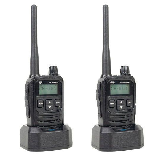 Kit 2 statii radio portabile PNI DMR R45, digital si analogic, 446MHz, 16 canale digitale si 99 canale analogice, functie inregistrare voce, baterie Li-Ion 2000mAh