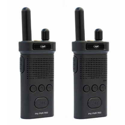 Kit 2 statii radio portabile PNI PMR R60 446MHz, 0.5W, 16 canale programabile, 16 PMR si tonuri 50 CTCSS si 104 DCS, Scan, blocare taste, SOS, Monitor, acumulator 1200mAh