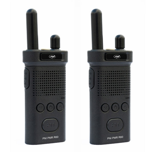 Kit 2 statii radio portabile PNI PMR R60 446MHz, 0.5W, 16 canale programabile, 16 PMR si tonuri 50 CTCSS si 104 DCS, Scan, blocare taste, SOS, Monitor, acumulator 1200mAh