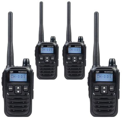 Kit 4 statii radio portabile PNI DMR R45, digital si analogic, 446MHz, 16 canale digitale si 99 canale analogice, functie inregistrare voce, baterie Li-Ion 2000mAh