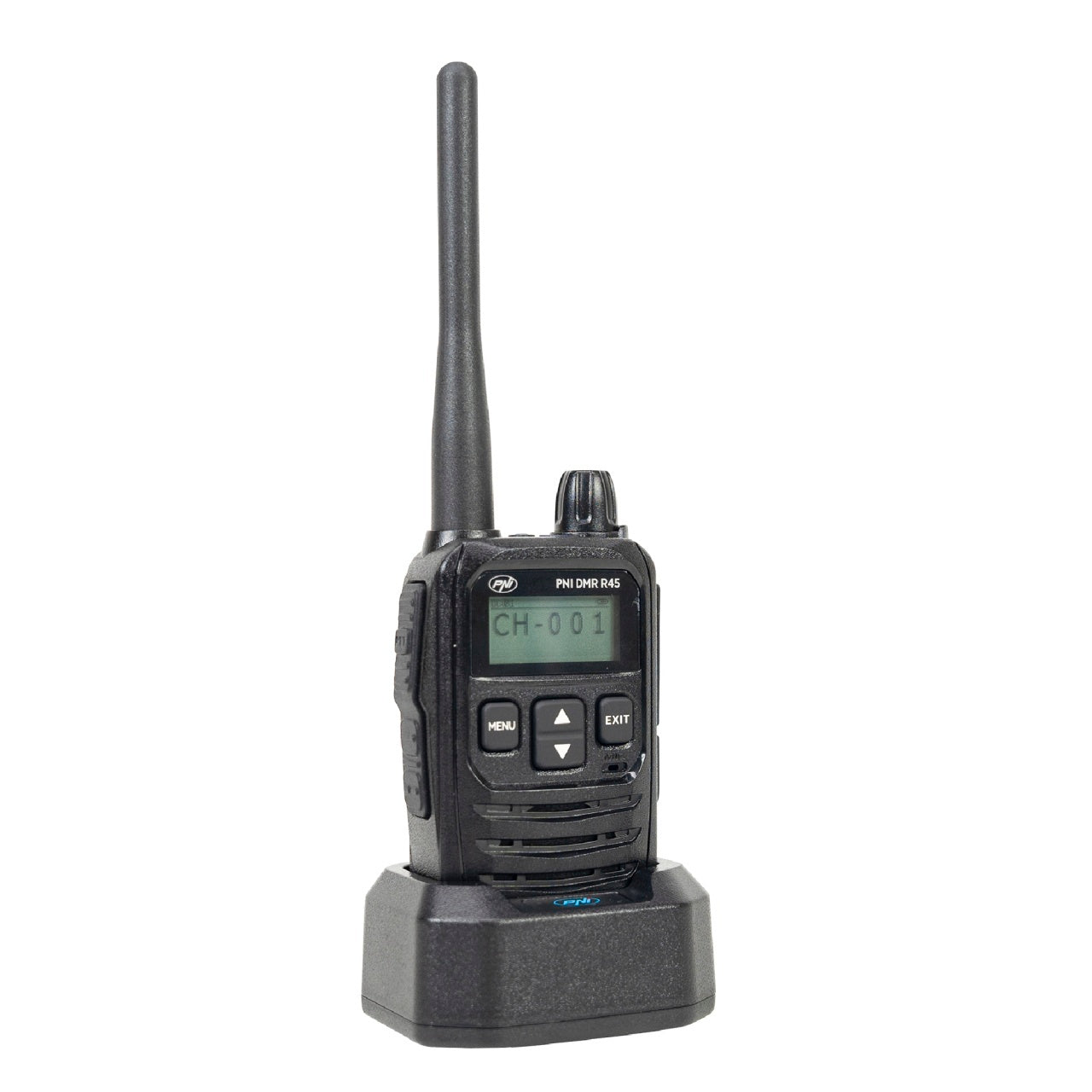 Kit 4 statii radio portabile PNI DMR R45, digital si analogic, 446MHz, 16 canale digitale si 99 canale analogice, functie inregistrare voce, baterie Li-Ion 2000mAh