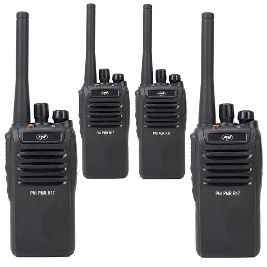 Kit 4 statii radio portabile PNI PMR R17 446MHz, 0.5W, 16 canale PMR si tonuri 50 CTCSS si 104 DCS, programabila, Li-Ion 2200 mAh, IP68