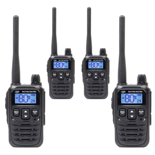 Kit 4 statii radio portabile PNI PMR R45 PRO 446MHz, 0.5W, 99 canale programabile, 16 PMR si tonuri 38 CTCSS si 104 DCS, Squelch 5 niveluri, VOX, TOT, BCL, Scan, Roger Beep