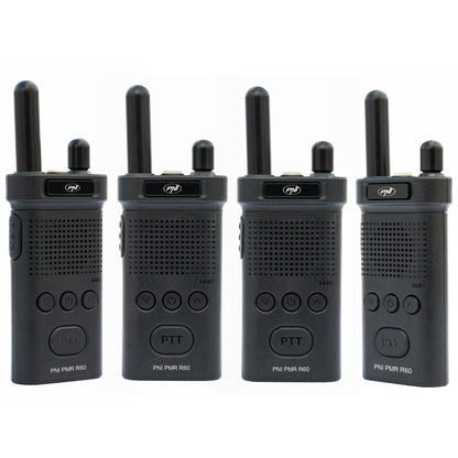 Kit 4 statii radio portabile PNI PMR R60 446MHz, 0.5W, 16 canale programabile, 16 PMR si tonuri 50 CTCSS si 104 DCS, Scan, blocare taste, SOS, Monitor, acumulator 1200mAh