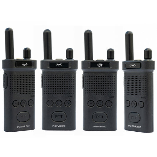 Kit 4 statii radio portabile PNI PMR R60 446MHz, 0.5W, 16 canale programabile, 16 PMR si tonuri 50 CTCSS si 104 DCS, Scan, blocare taste, SOS, Monitor, acumulator 1200mAh