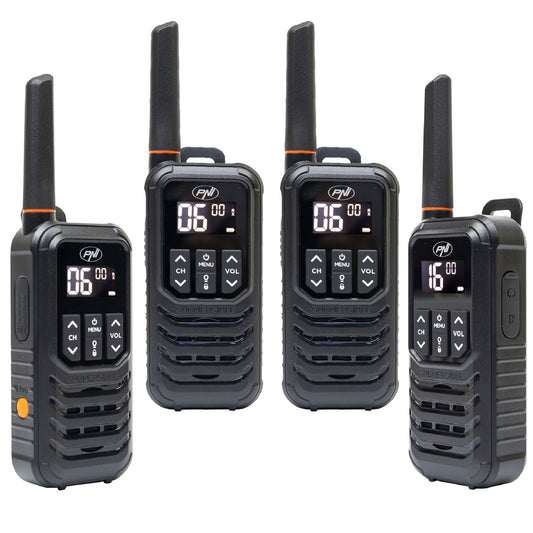 Kit 4 statii radio portabile PNI PMR R80 PRO 0.5W, 16 canale, Waterproof IP67, cu lanterna LED, buton SOS, VOX, USB-C