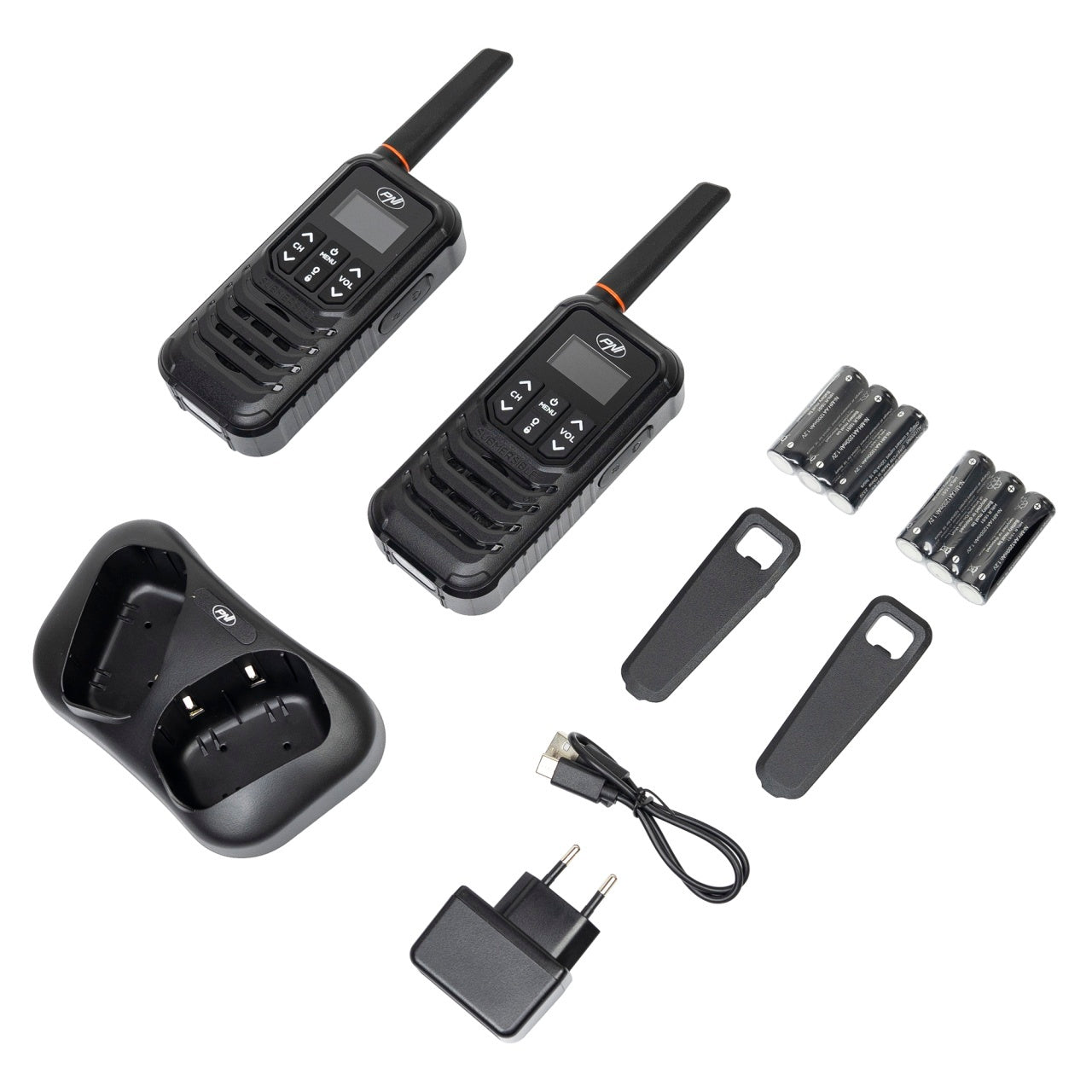 Kit 6 statii radio portabile PNI PMR R80 PRO 0.5W, 16 canale, Waterproof IP67, cu lanterna LED, buton SOS, VOX, USB-C