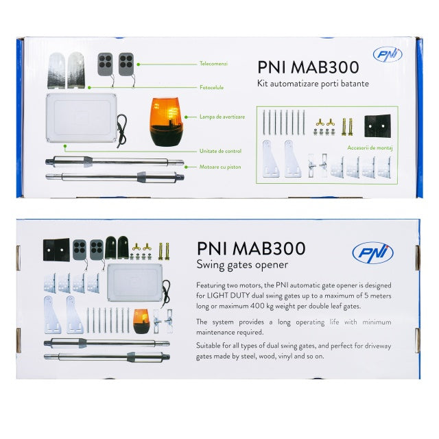 Kit automatizare porti batante PNI MAB300, cu 2 motoare 40W, telecomenzi si panou de control, fotocelule si lampa, lungime poarta 2 x 2.5m max, greutate poarta 200Kg