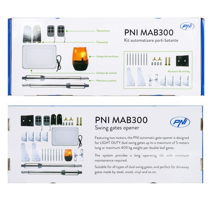Kit automatizare porti batante PNI MAB300, cu 2 motoare 40W, telecomenzi si panou de control, fotocelule si lampa, lungime poarta 2 x 2.5m max, greutate poarta 200Kg