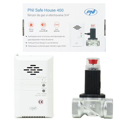 Kit PNI Safe House 400 senzor de gaz si electrovalva 3/4 inch, alarma sonora si luminoasa, 85dB, detecteaza gaze naturale, gaz metan (CH4)