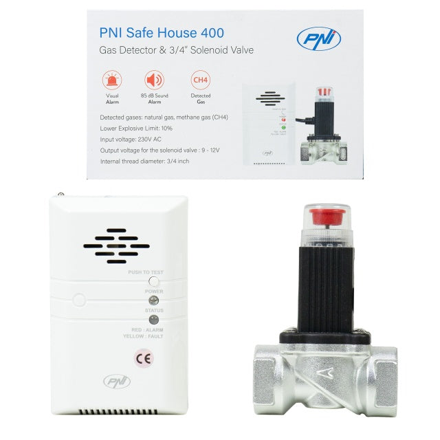 Kit PNI Safe House 400 senzor de gaz si electrovalva 3/4 inch, alarma sonora si luminoasa, 85dB, detecteaza gaze naturale, gaz metan (CH4)