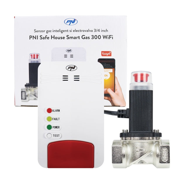 Kit senzor gaz inteligent si electrovalva PNI Safe House Smart Gas 300 WiFi cu alertare sonora, aplicatie de mobil Tuya Smart, integrare in scenarii si automatizari smart cu alte produse compatibile