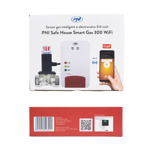 Kit senzor gaz inteligent si electrovalva PNI Safe House Smart Gas 300 WiFi cu alertare sonora, aplicatie de mobil Tuya Smart, integrare in scenarii si automatizari smart cu alte produse compatibile