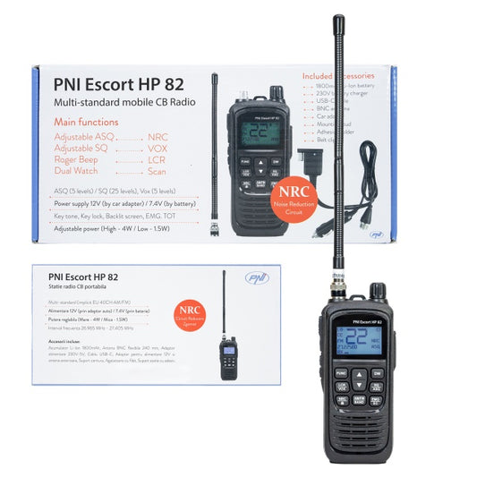 Kit Statie radio CB portabila PNI Escort HP 82, multi standard, 4W, 12V, AM-FM cu antena CB PNI LED 2000